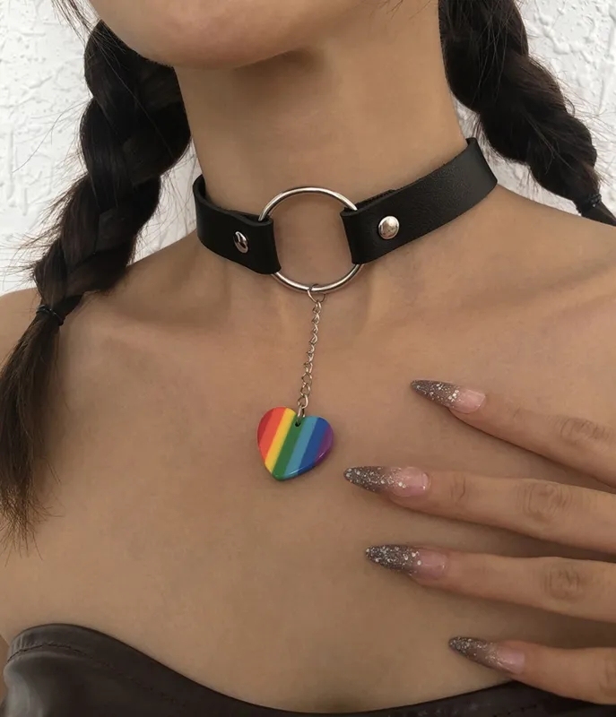 Rainbow Heart Leatherette Choker made by Unique Vintage