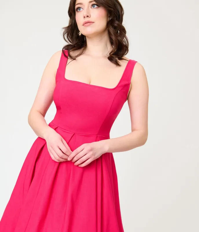 Unique Vintage Hot Pink Square Neck Pleated Swing Dress made by Unique Vintage