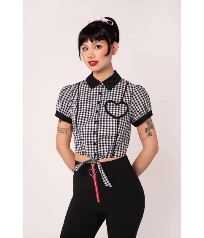 Hell Bunny Black & White Gingham Mel Cropped Blouse made by Unique Vintage