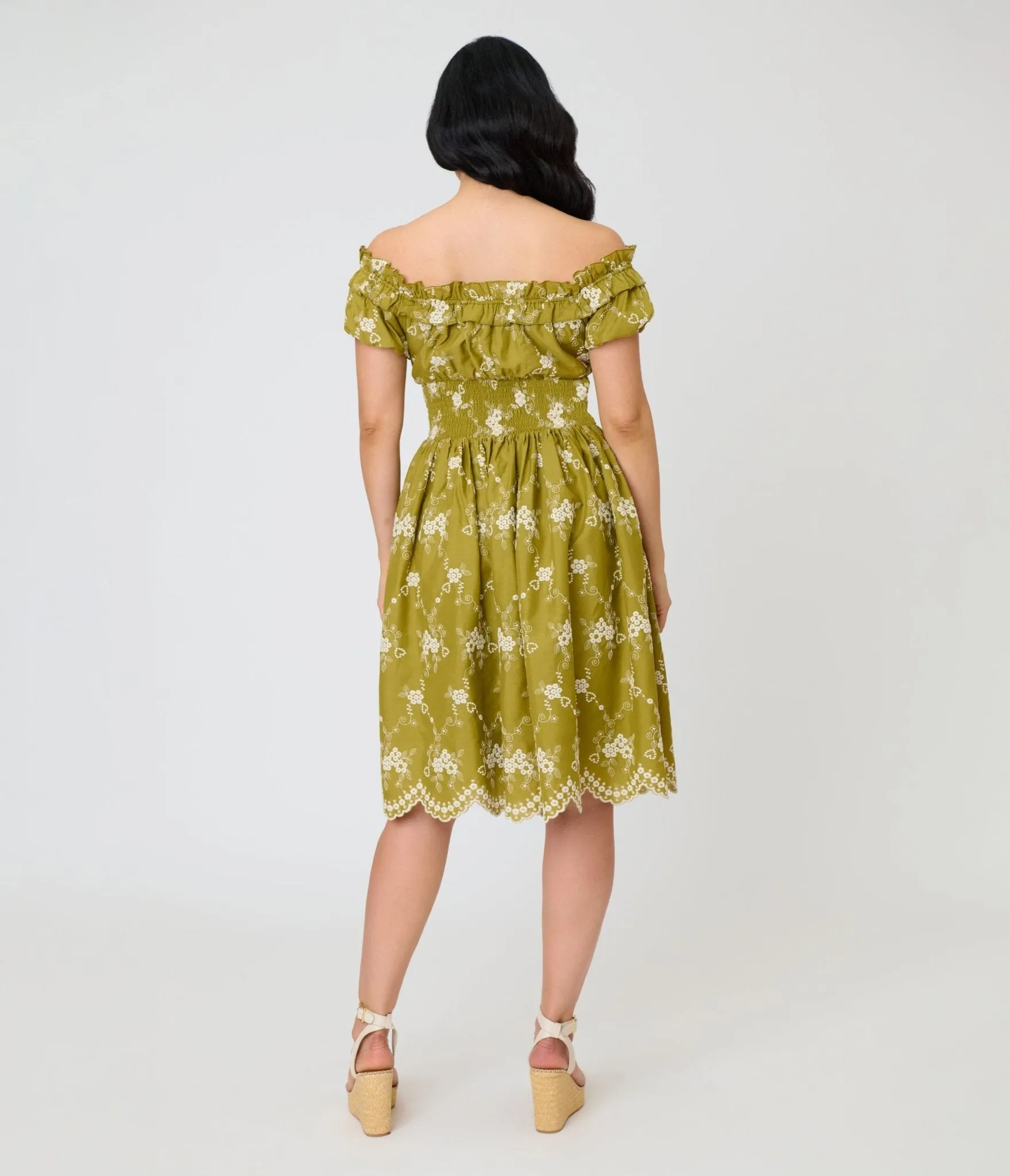 Unique Vintage Chartreuse Eyelet Off The Shoulder Ruffle Swing Dress sold by Unique Vintage product image thumbnail 2