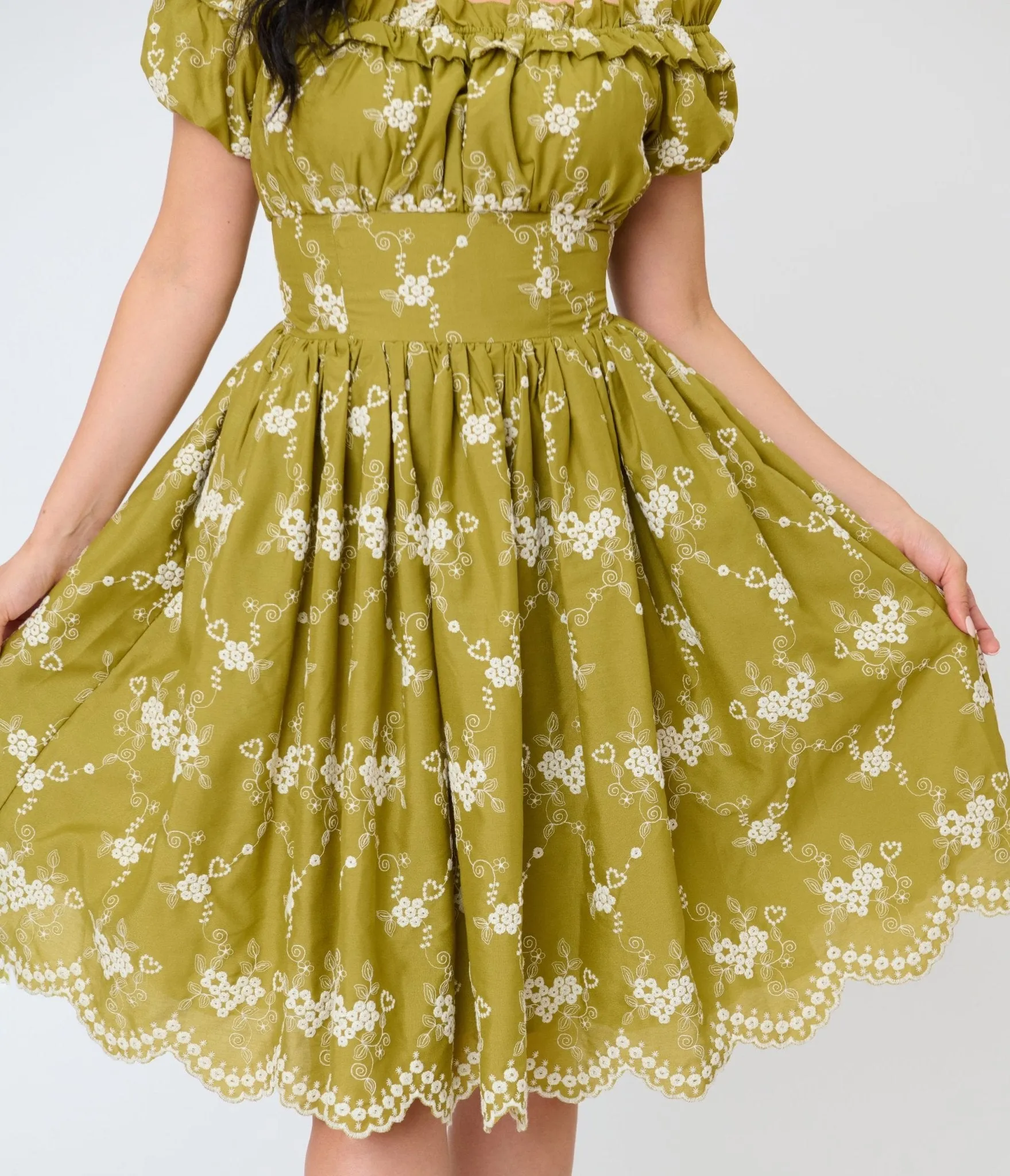 Unique Vintage Chartreuse Eyelet Off The Shoulder Ruffle Swing Dress sold by Unique Vintage product image thumbnail 5