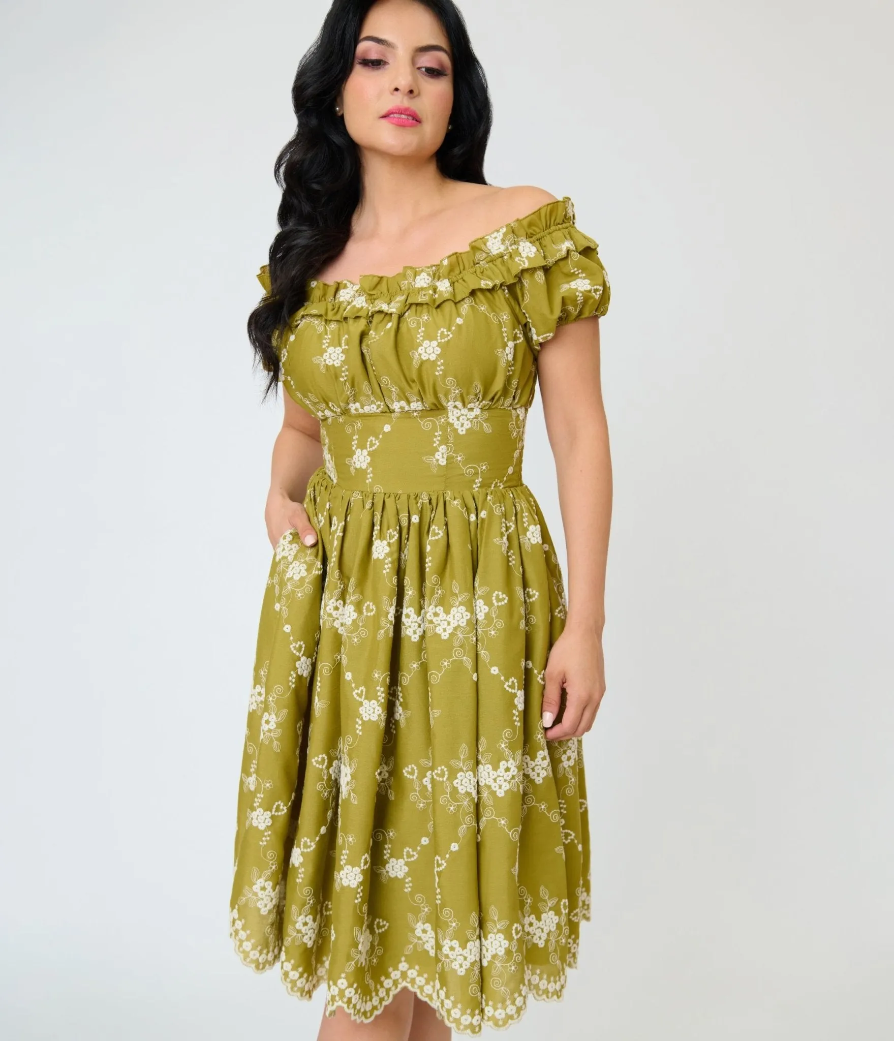 Unique Vintage Chartreuse Eyelet Off The Shoulder Ruffle Swing Dress sold by Unique Vintage product image thumbnail 4