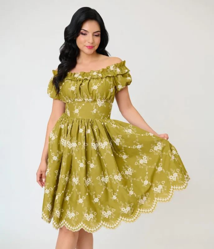 Unique Vintage Chartreuse Eyelet Off The Shoulder Ruffle Swing Dress made by Unique Vintage