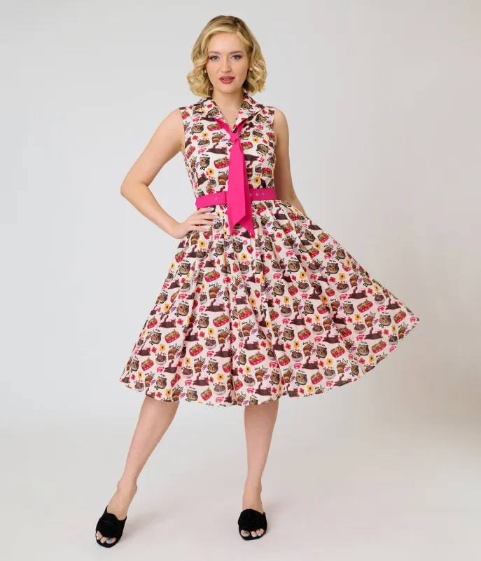 Unique Vintage White Kitschy Cat Print Edith Swing Dress made by Unique Vintage