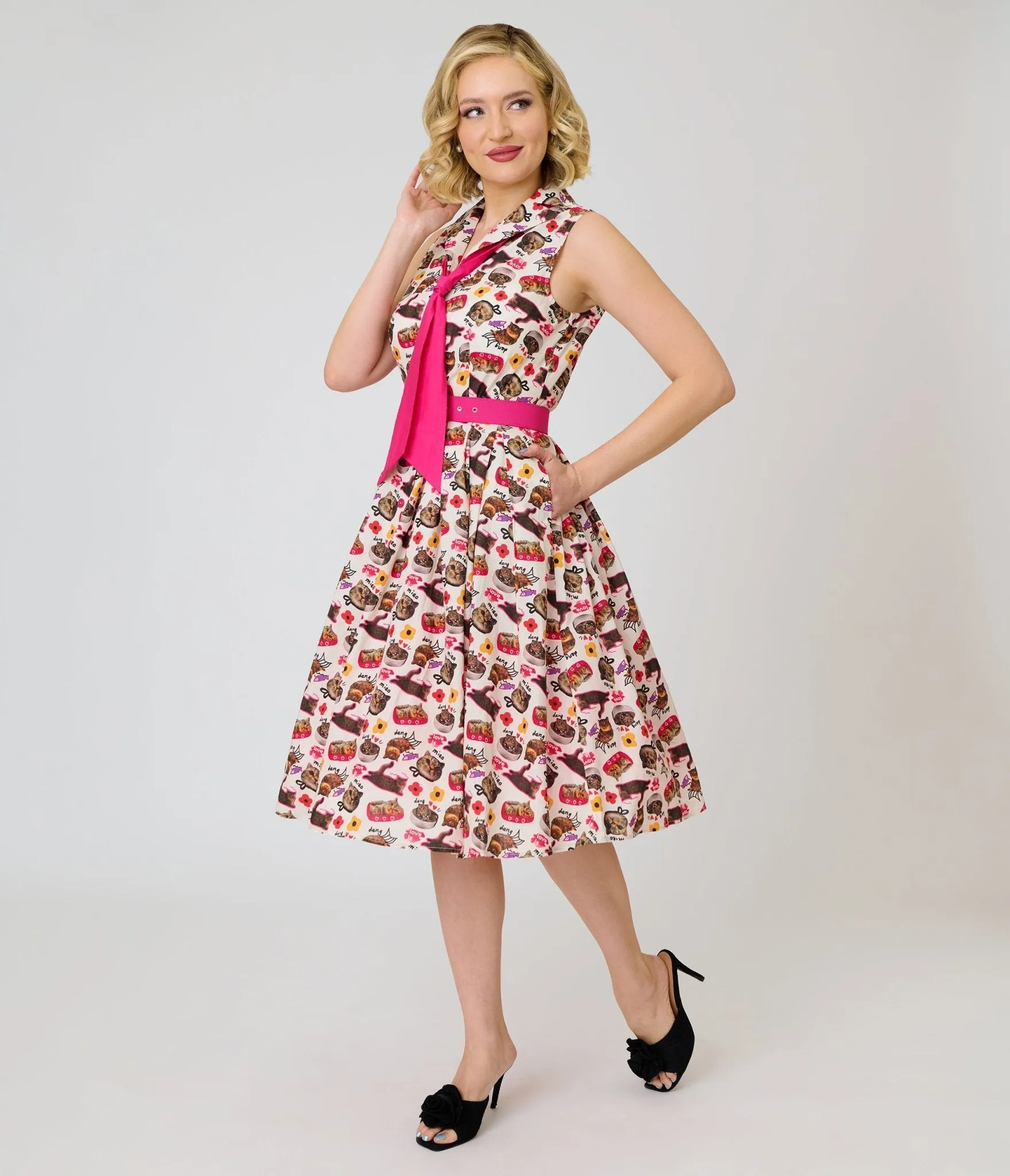 Unique Vintage White Kitschy Cat Print Edith Swing Dress sold by Unique Vintage product image thumbnail 4