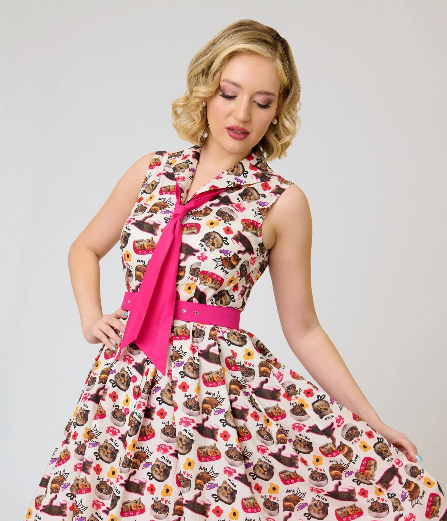 Unique Vintage White Kitschy Cat Print Edith Swing Dress sold by Unique Vintage product image thumbnail 3