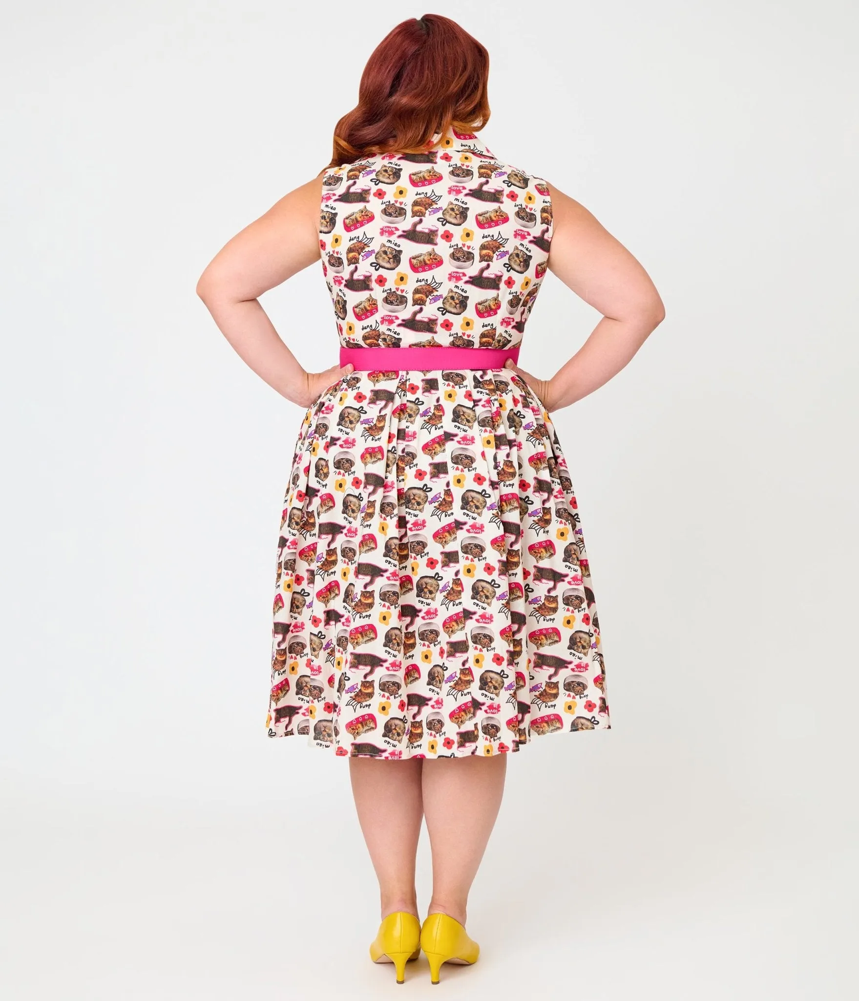 Unique Vintage Plus Size White Kitschy Cat Print Edith Swing Dress sold by Unique Vintage product image thumbnail 2
