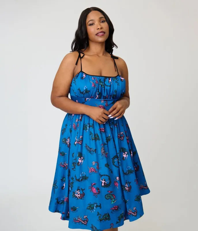 Unique Vintage Plus Size Blue Sea Creatures Sleeveless Swing Dress made by Unique Vintage