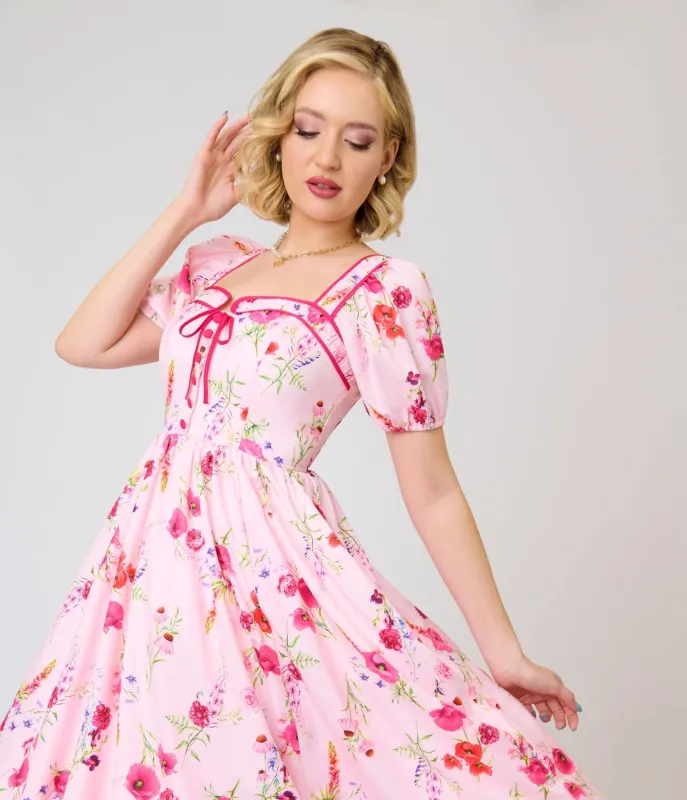 Unique Vintage Pink Floral Button Front Swing Dress made by Unique Vintage