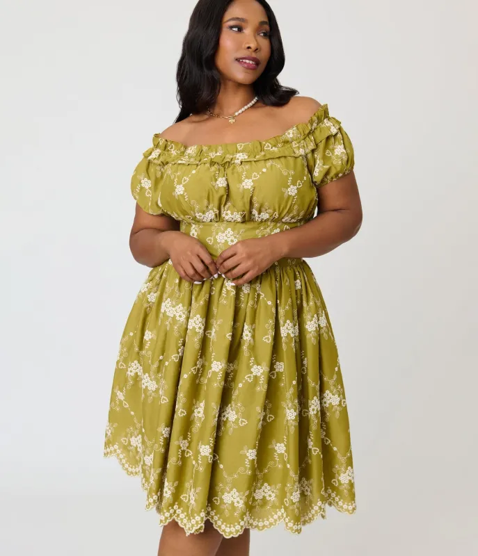 Unique Vintage Plus Size Chartreuse Eyelet Off The Shoulder Ruffle Swing Dress made by Unique Vintage