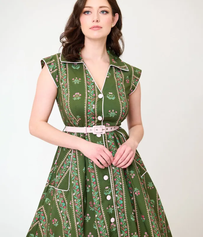 Unique Vintage Green Floral Stripe Shirt Swing Dress made by Unique Vintage