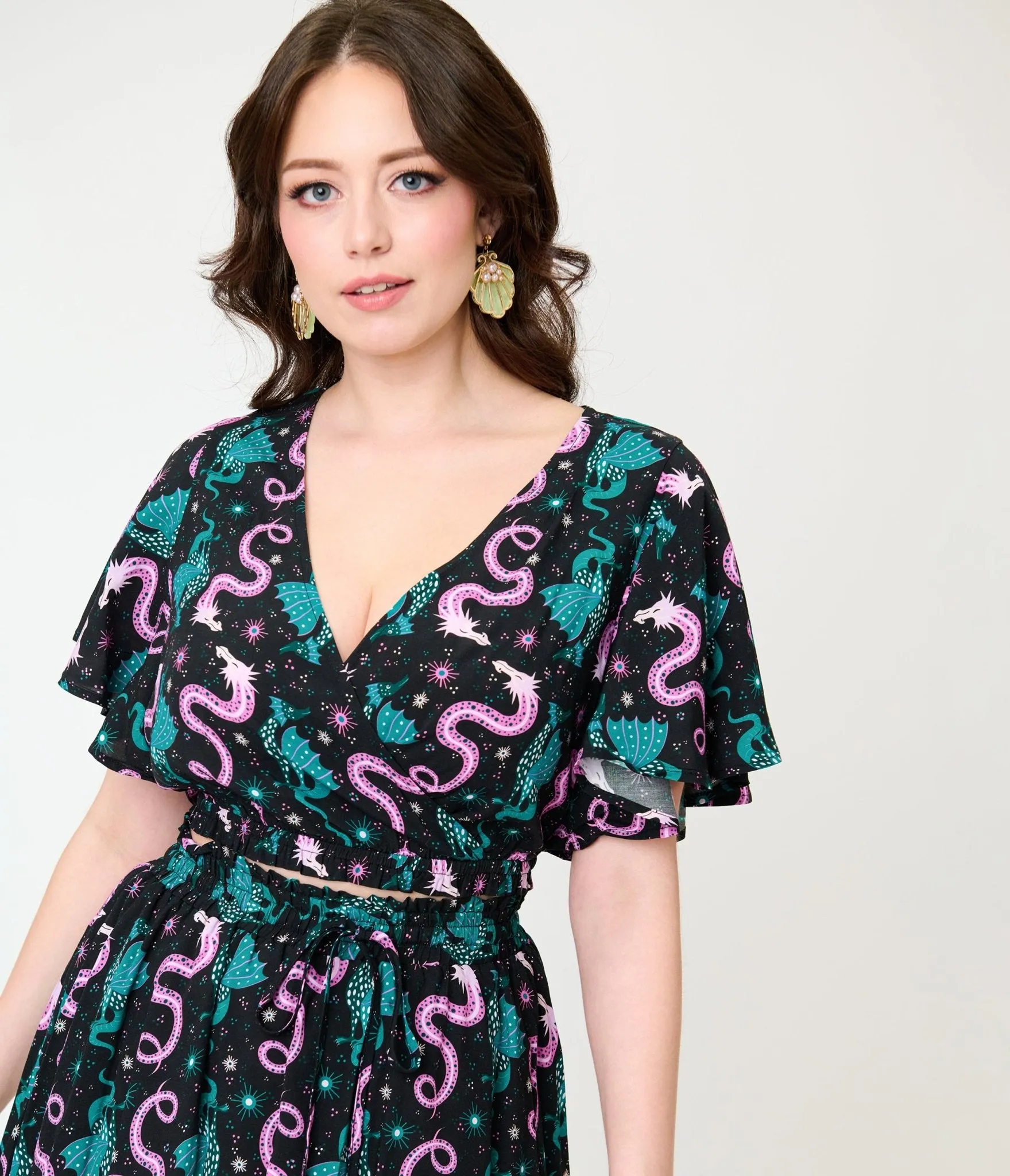 Unique Vintage Black Dragon Print Dottie Crop Top sold by Unique Vintage