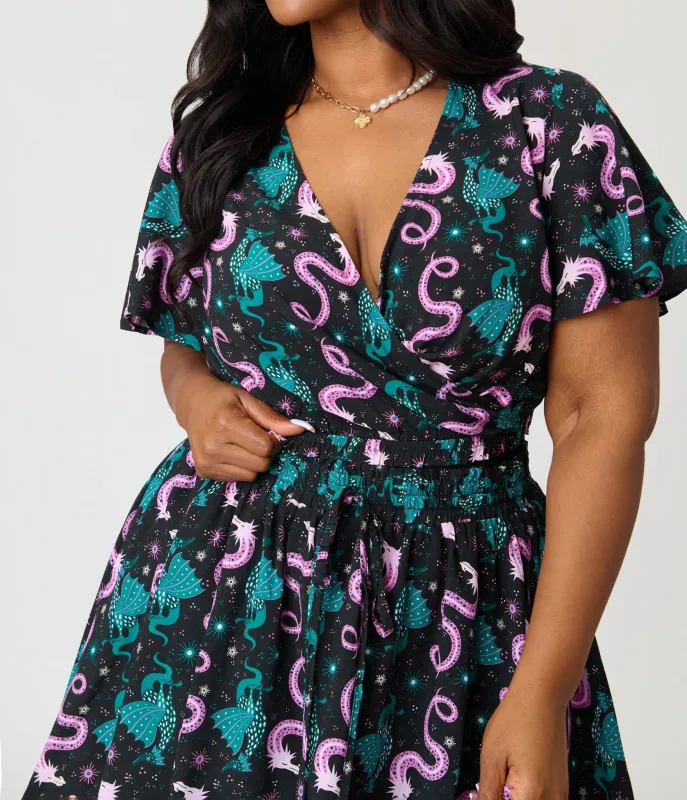 Unique Vintage Plus Size Black Dragon Print Dottie Crop Top made by Unique Vintage