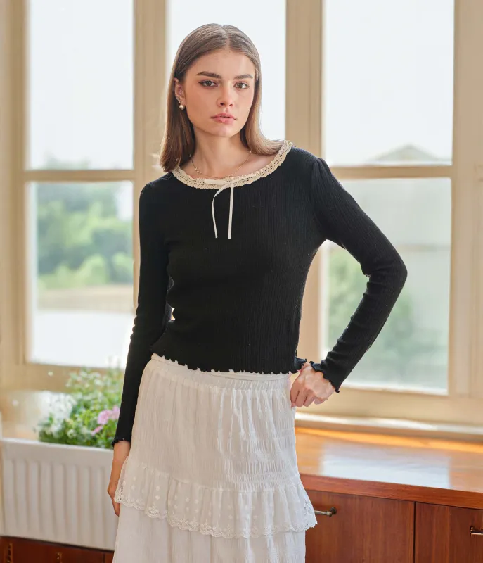 Black Lace Ribbon Knit Top made by Unique Vintage