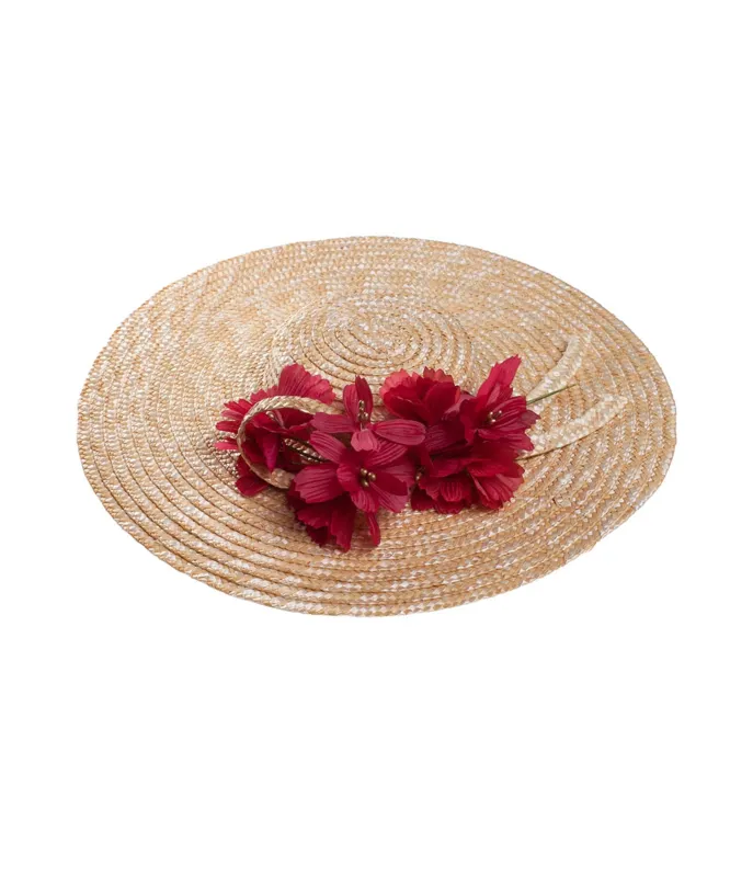 Red Flower Straw Hat made by Unique Vintage
