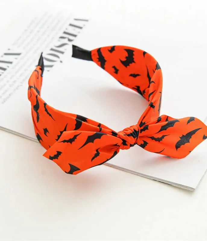 Orange & Black Bat Wide Bow Headband made by Unique Vintage
