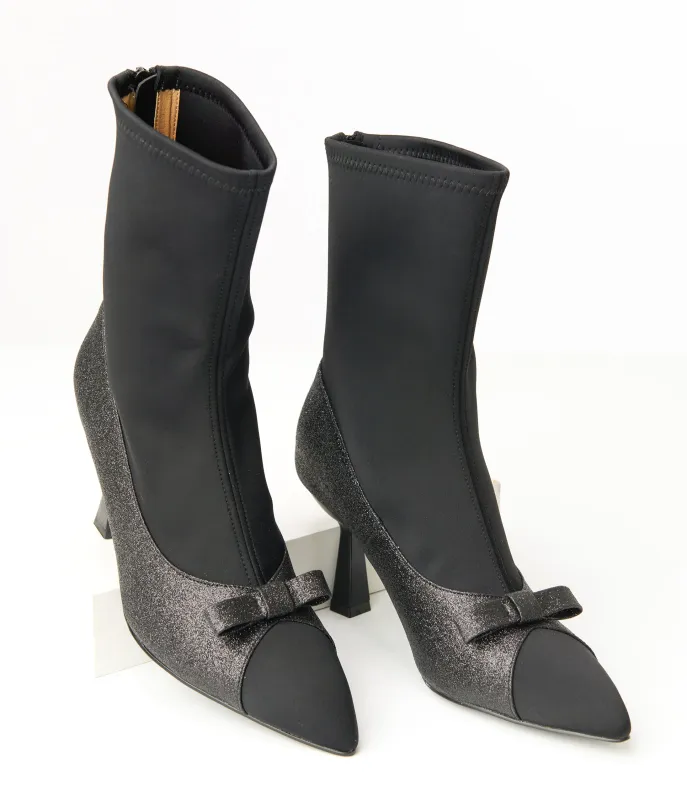 Unique Vintage 1950s Black Glitter Bow Boots made by Unique Vintage