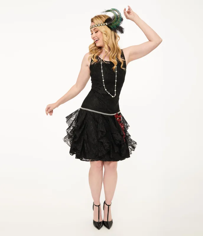 Unique Vintage 1920s Black Lace & Red Flowers Ruffle Flapper Dress made by Unique Vintage