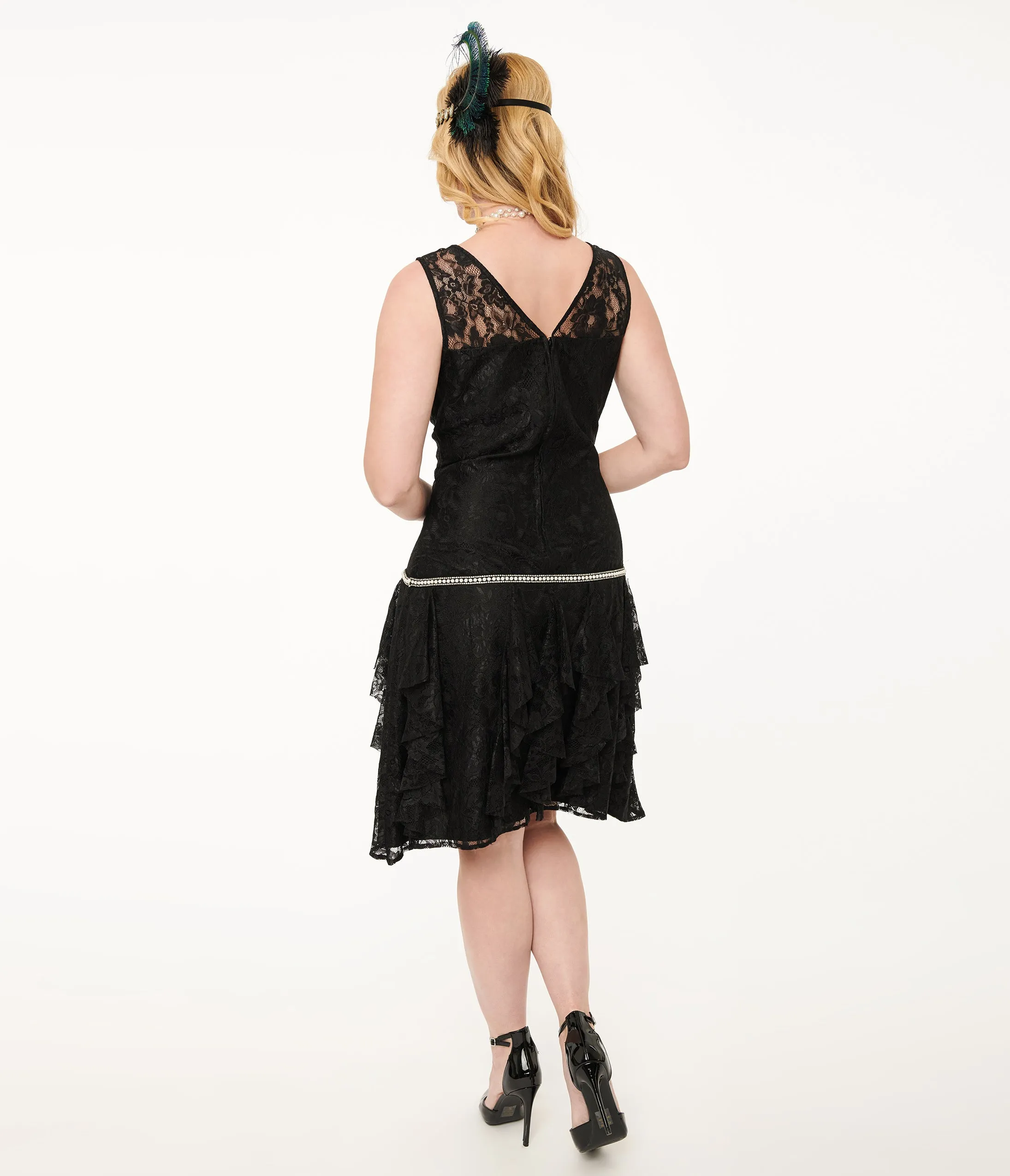Unique Vintage 1920s Black Lace & Red Flowers Ruffle Flapper Dress sold by Unique Vintage product image thumbnail 2