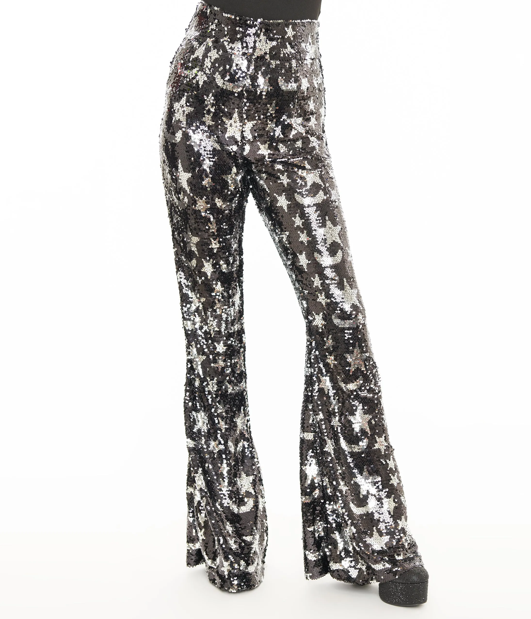 Smak Parlour 1960s Black & Silver Star Sequin High Waist Flare Pants sold by Unique Vintage product image thumbnail 2