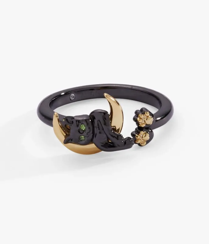 Black & Gold Tone Cat & Crescent Moon Statement Ring made by Unique Vintage