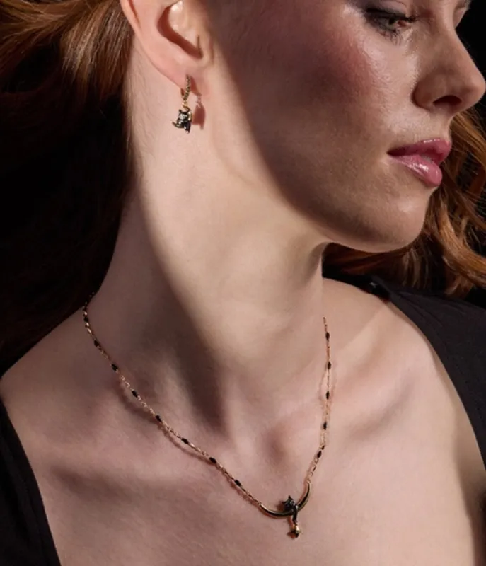 Black Gold Cat & Crescent Moon Charm Pendant Necklace made by Unique Vintage