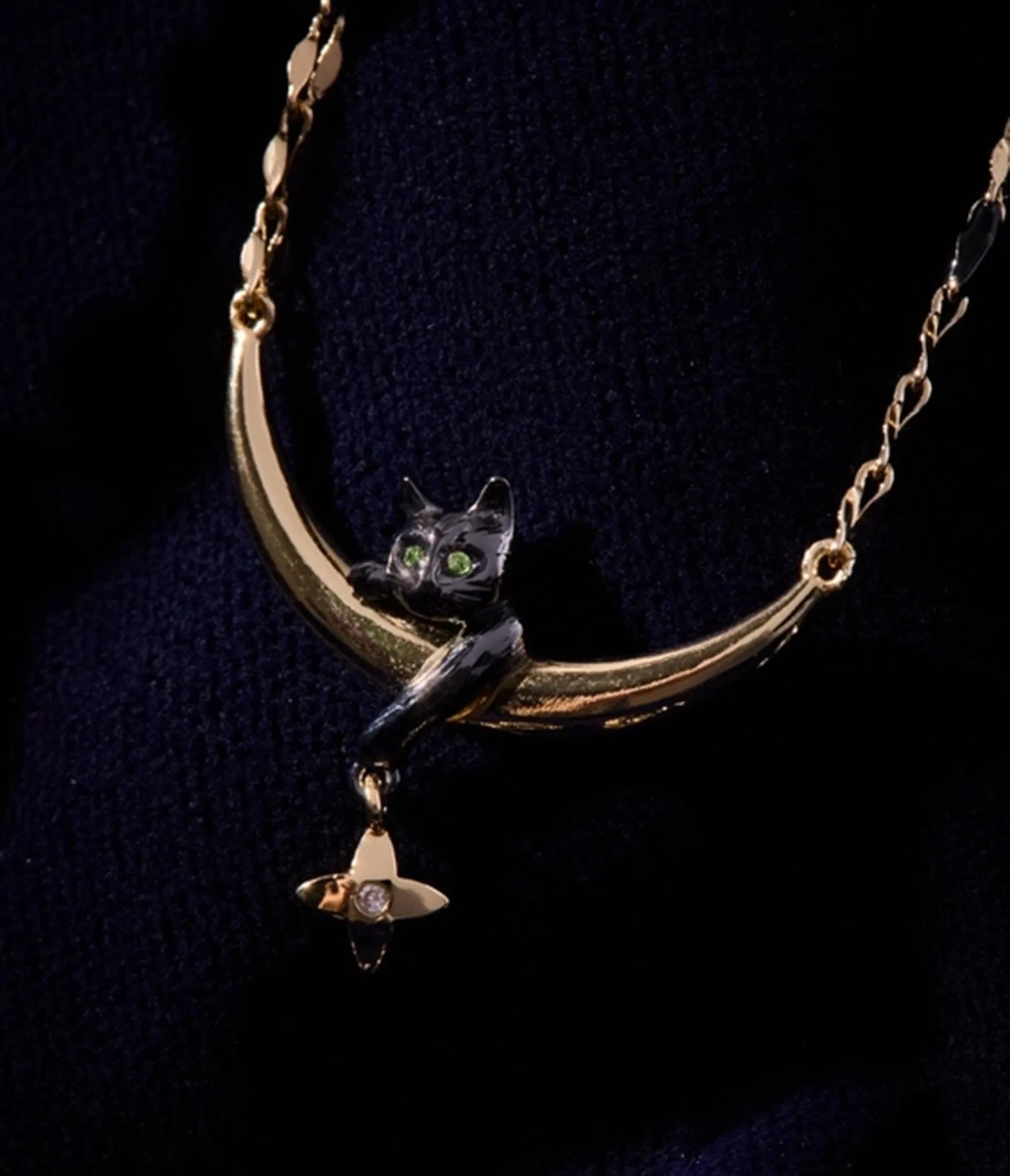 Black Gold Cat & Crescent Moon Charm Pendant Necklace sold by Unique Vintage product image thumbnail 2