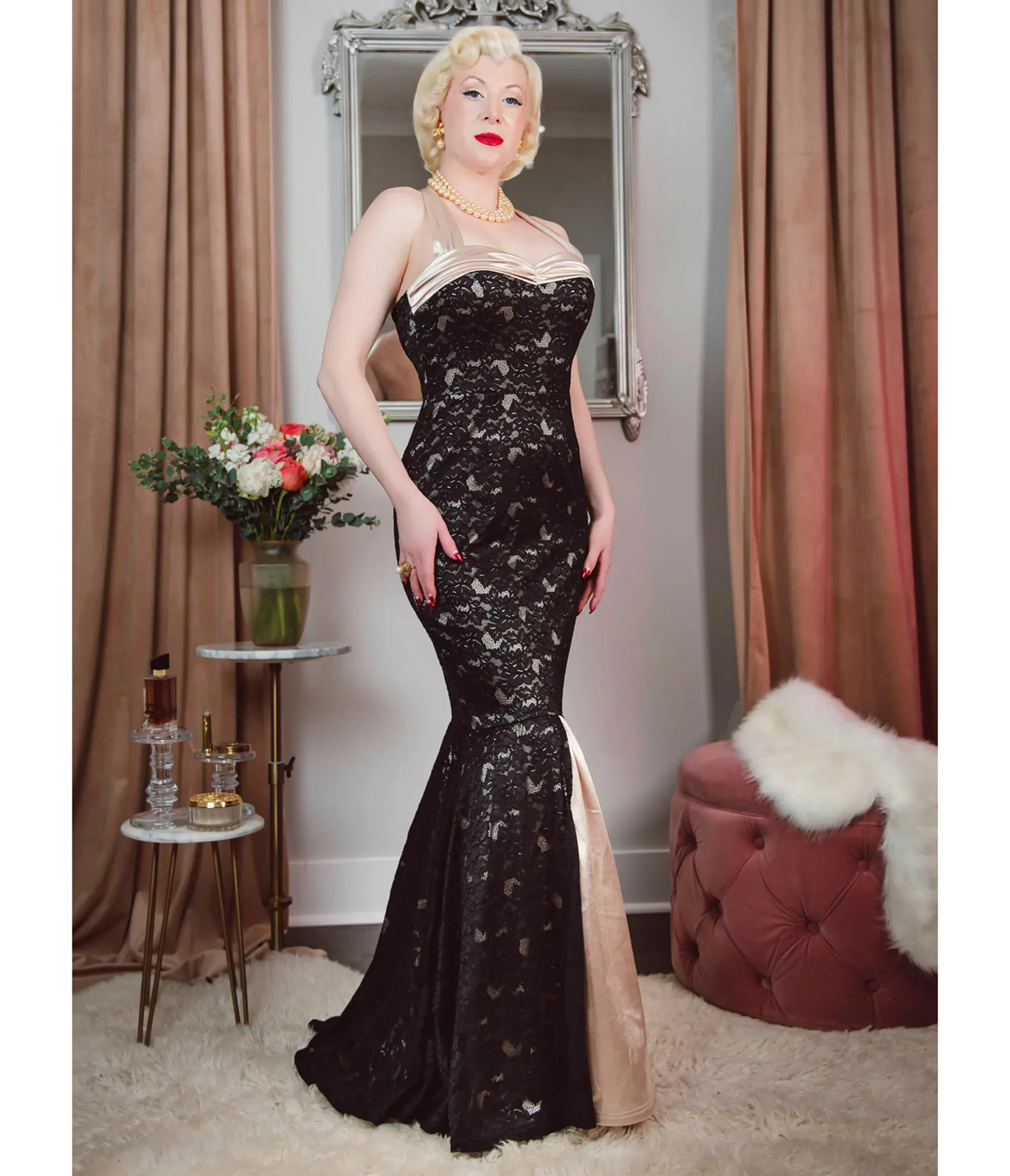 Elle Rebel Black Lace & Satin Mermaid Evening Gown sold by Unique Vintage product image thumbnail 3