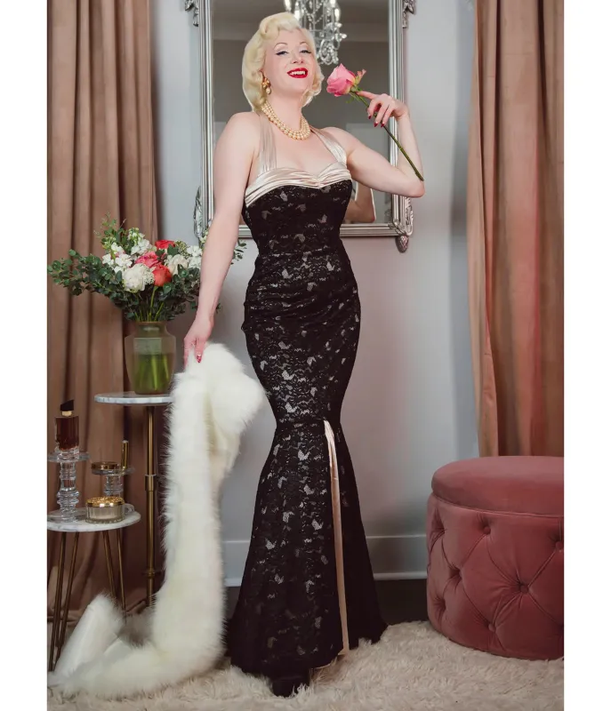 Elle Rebel Black Lace & Satin Mermaid Evening Gown made by Unique Vintage