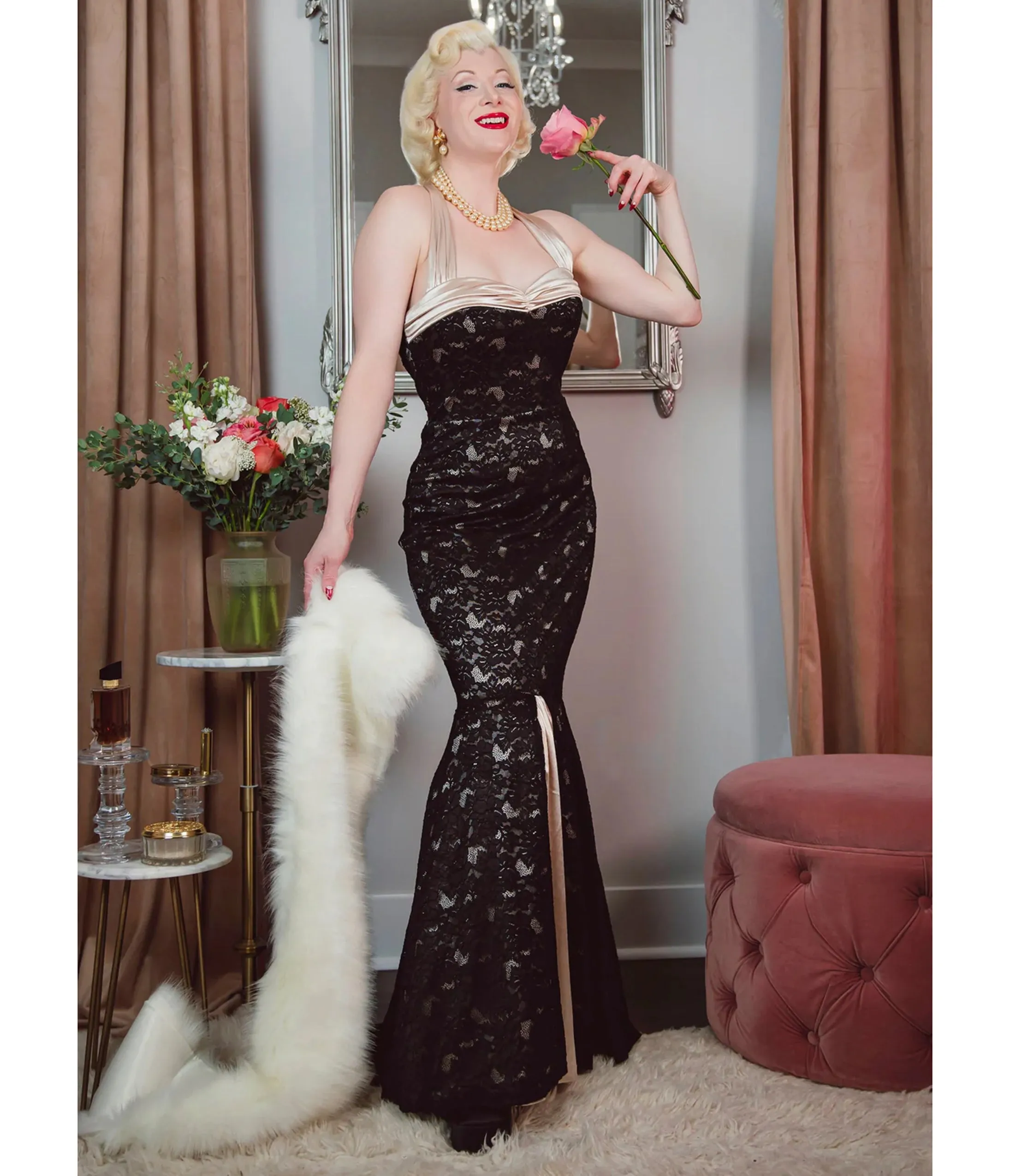 Elle Rebel Black Lace & Satin Mermaid Evening Gown sold by Unique Vintage