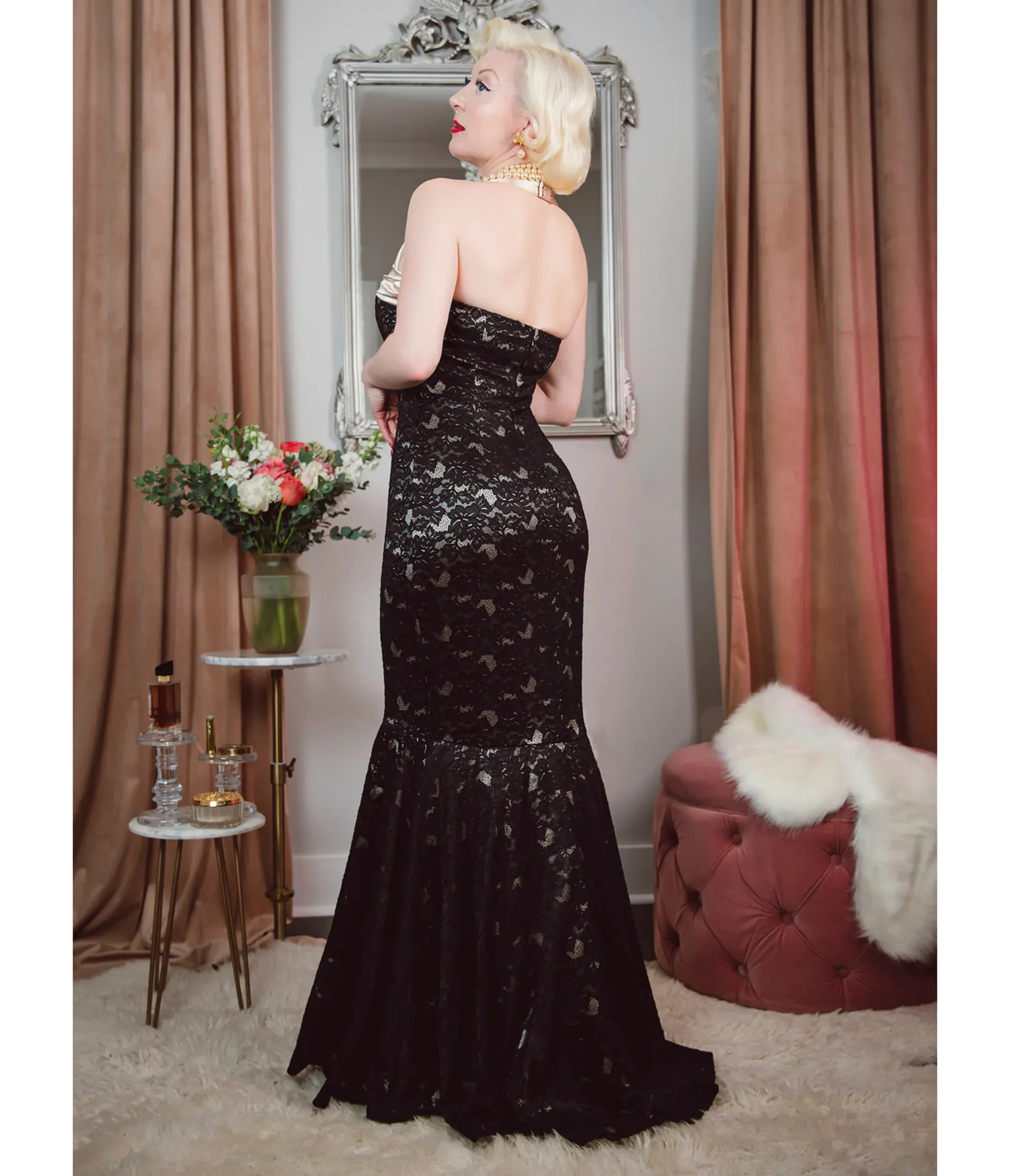 Elle Rebel Black Lace & Satin Mermaid Evening Gown sold by Unique Vintage product image thumbnail 2
