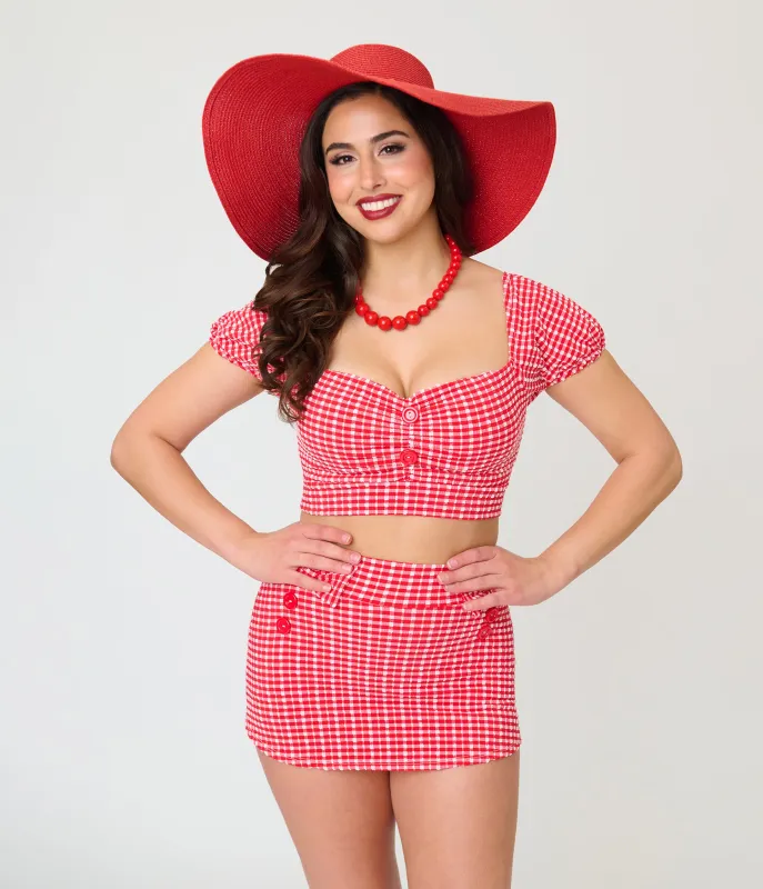 Pinky Pinups Red Gingham Bow Accent Swim Skirt made by Unique Vintage