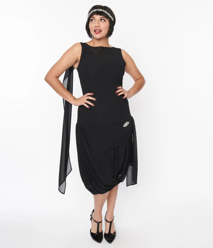 Unique Vintage 1920s Black Draped Flapper Dress made by Unique Vintage