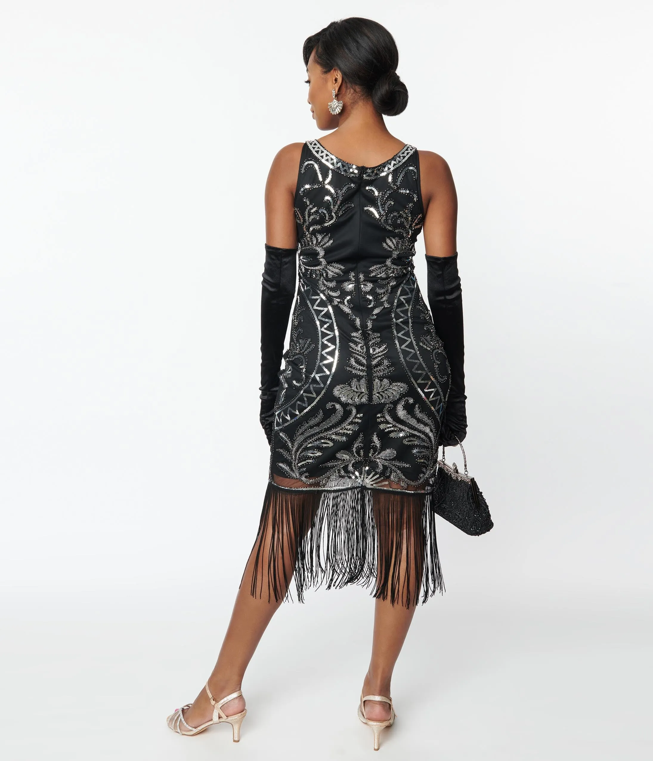 Unique Vintage 1920s Black & Silver Sequin Sleeveless Fringe Flapper Dress sold by Unique Vintage product image thumbnail 3