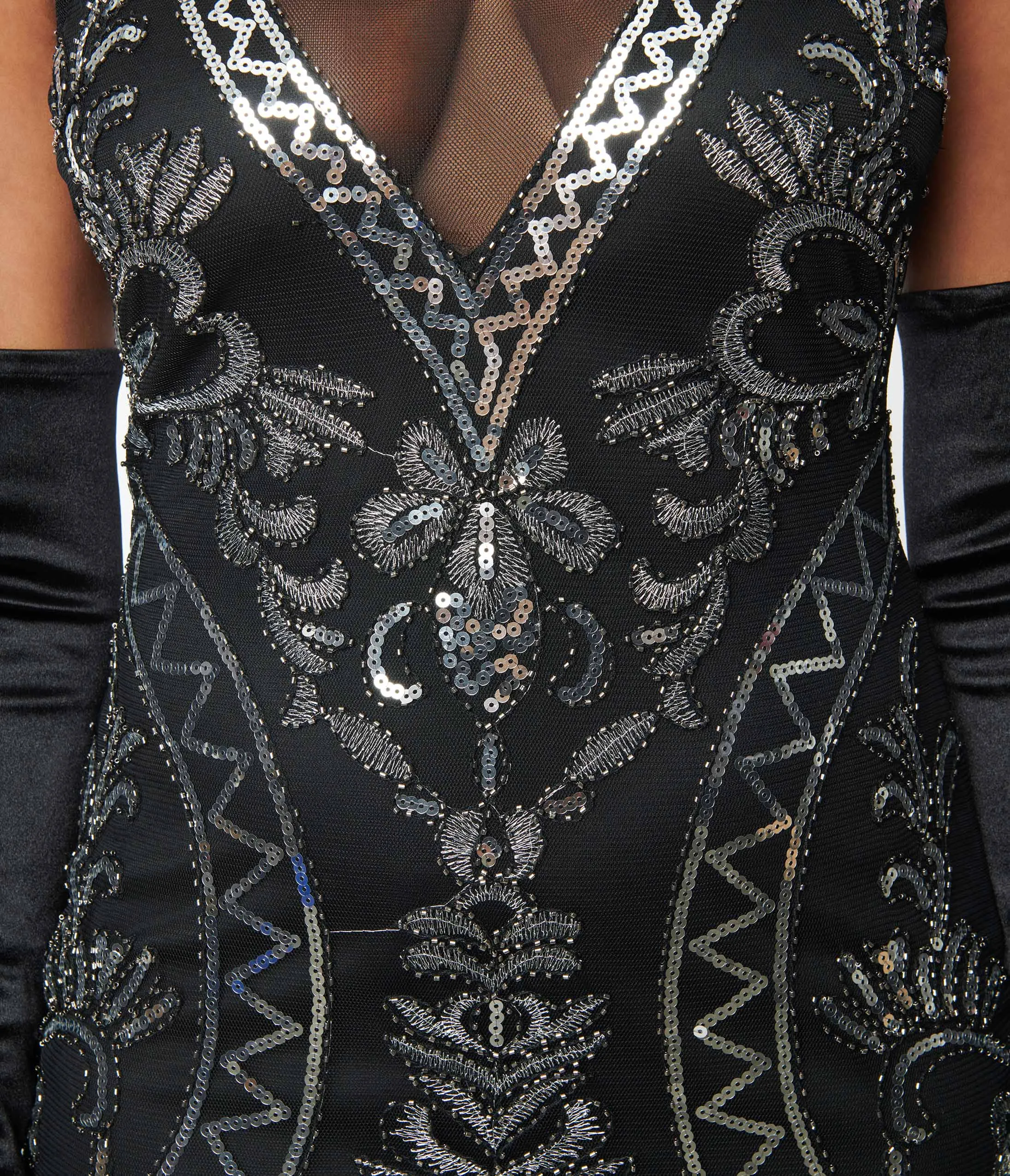 Unique Vintage 1920s Black & Silver Sequin Sleeveless Fringe Flapper Dress sold by Unique Vintage product image thumbnail 2