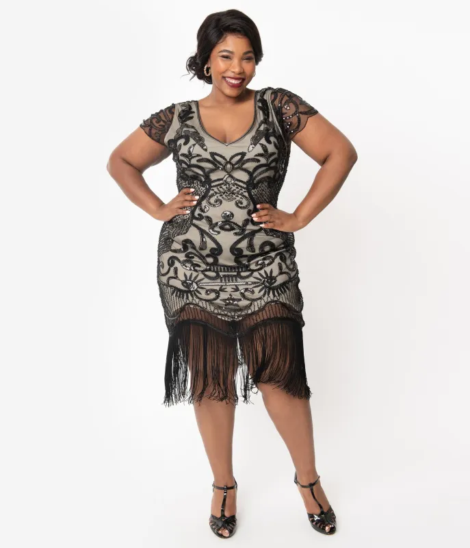 Unique Vintage Plus Size 1920s Beige & Black Beaded Aurore Flapper Dress made by Unique Vintage