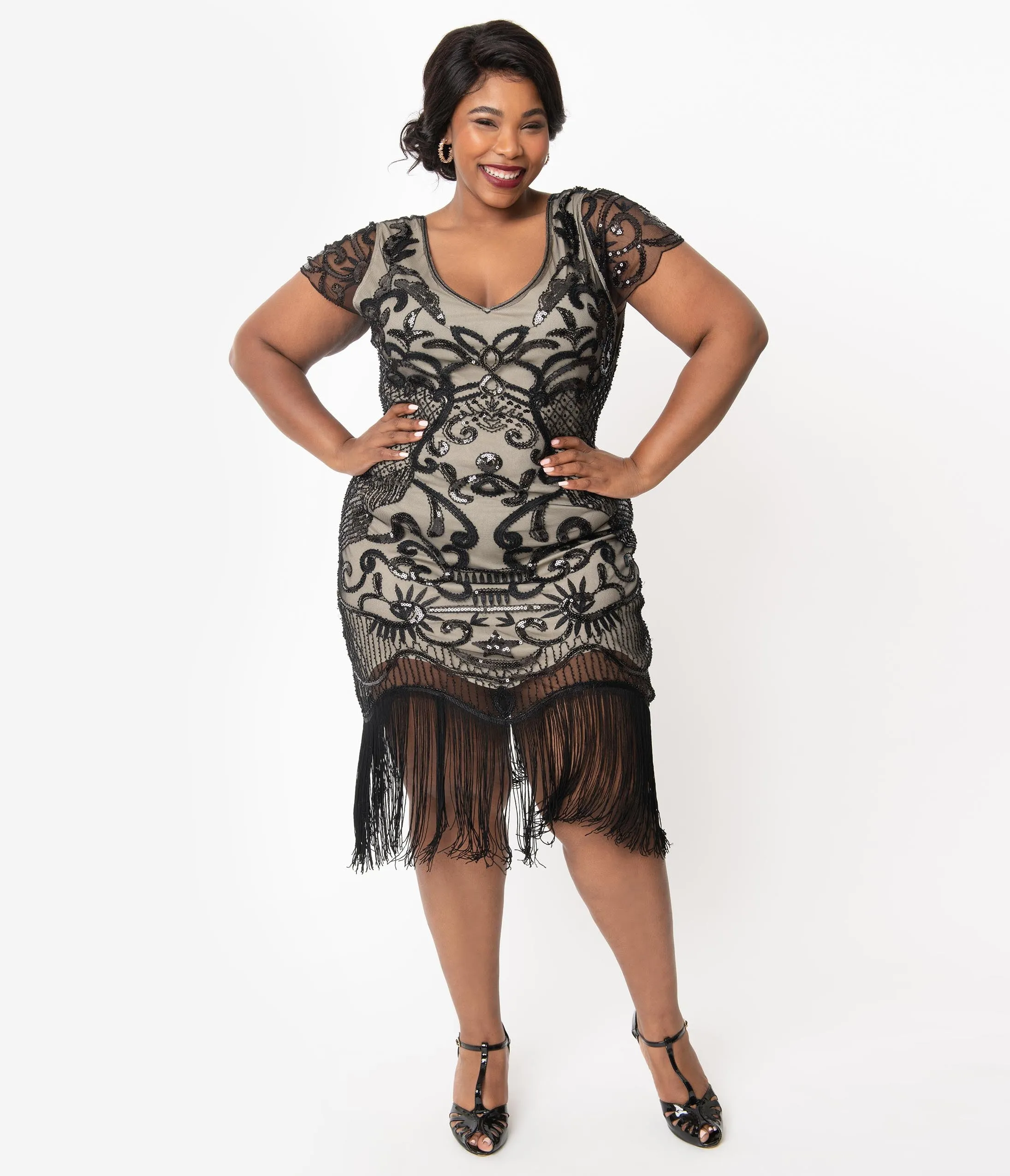 Unique Vintage Plus Size 1920s Beige & Black Beaded Aurore Flapper Dress sold by Unique Vintage