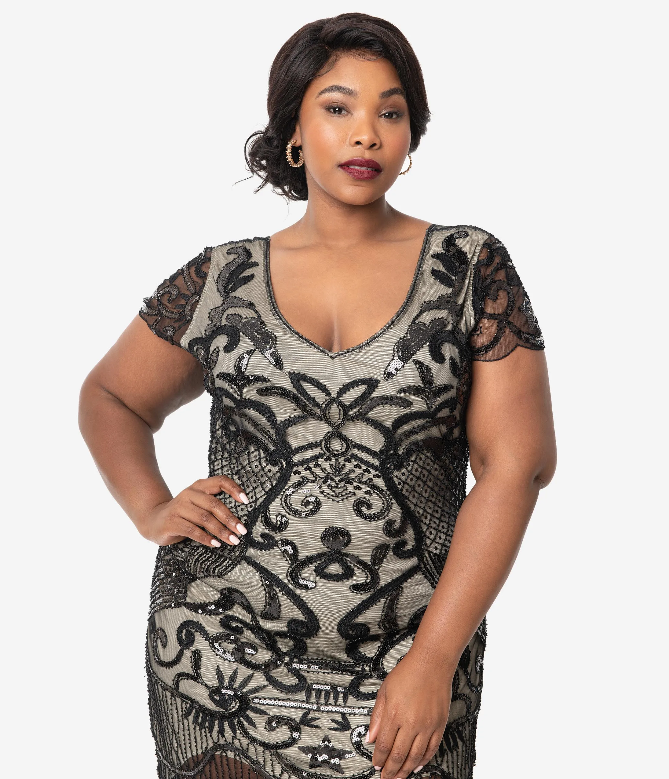 Unique Vintage Plus Size 1920s Beige & Black Beaded Aurore Flapper Dress sold by Unique Vintage product image thumbnail 3