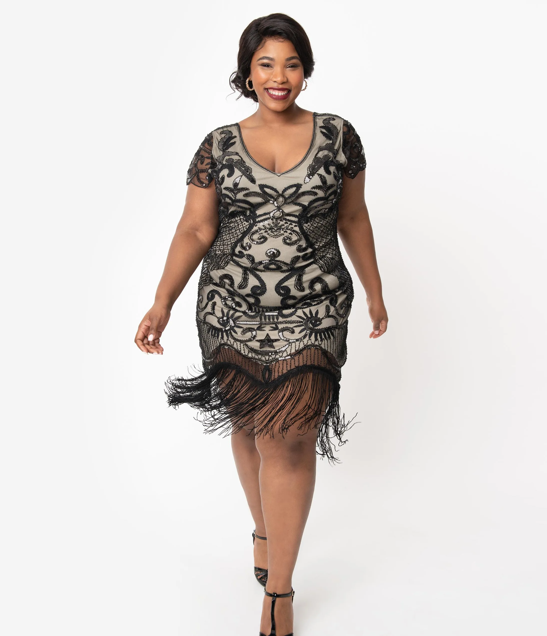 Unique Vintage Plus Size 1920s Beige & Black Beaded Aurore Flapper Dress sold by Unique Vintage product image thumbnail 5
