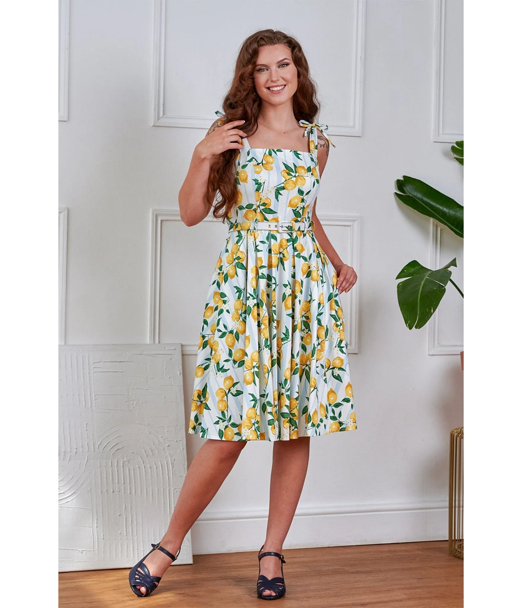 Banned Blue Striped Lemon Print Swing Dress sold by Unique Vintage