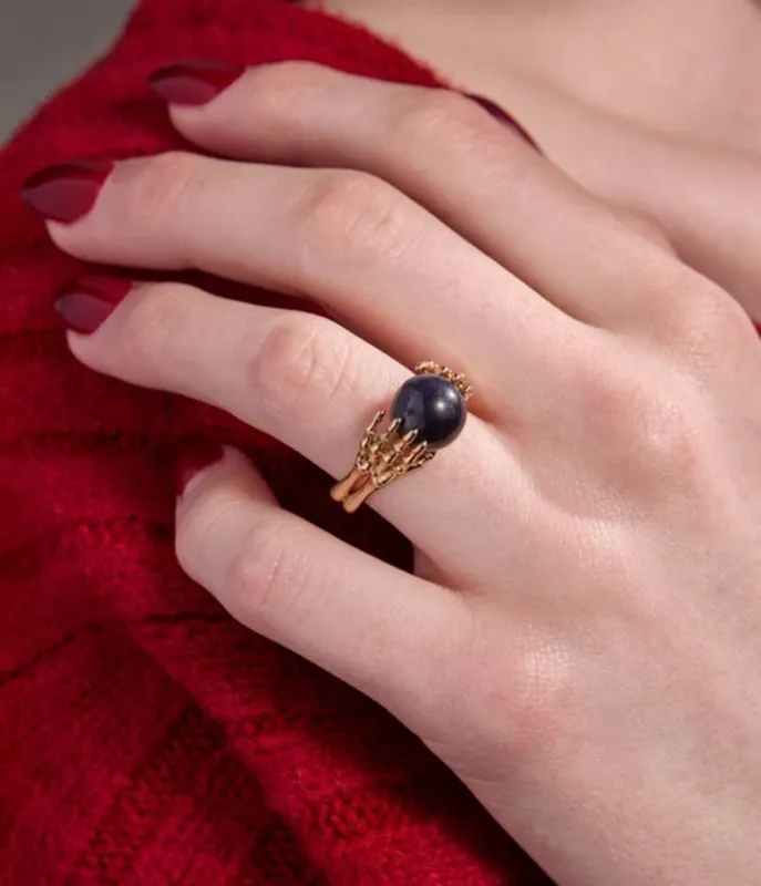 Gold Tone Skeleton Hand Statement Ring made by Unique Vintage