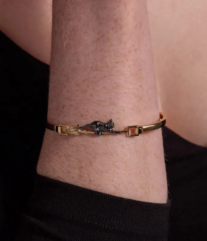 Black Cat & Broom Gold Tone Bangle Bracelet made by Unique Vintage