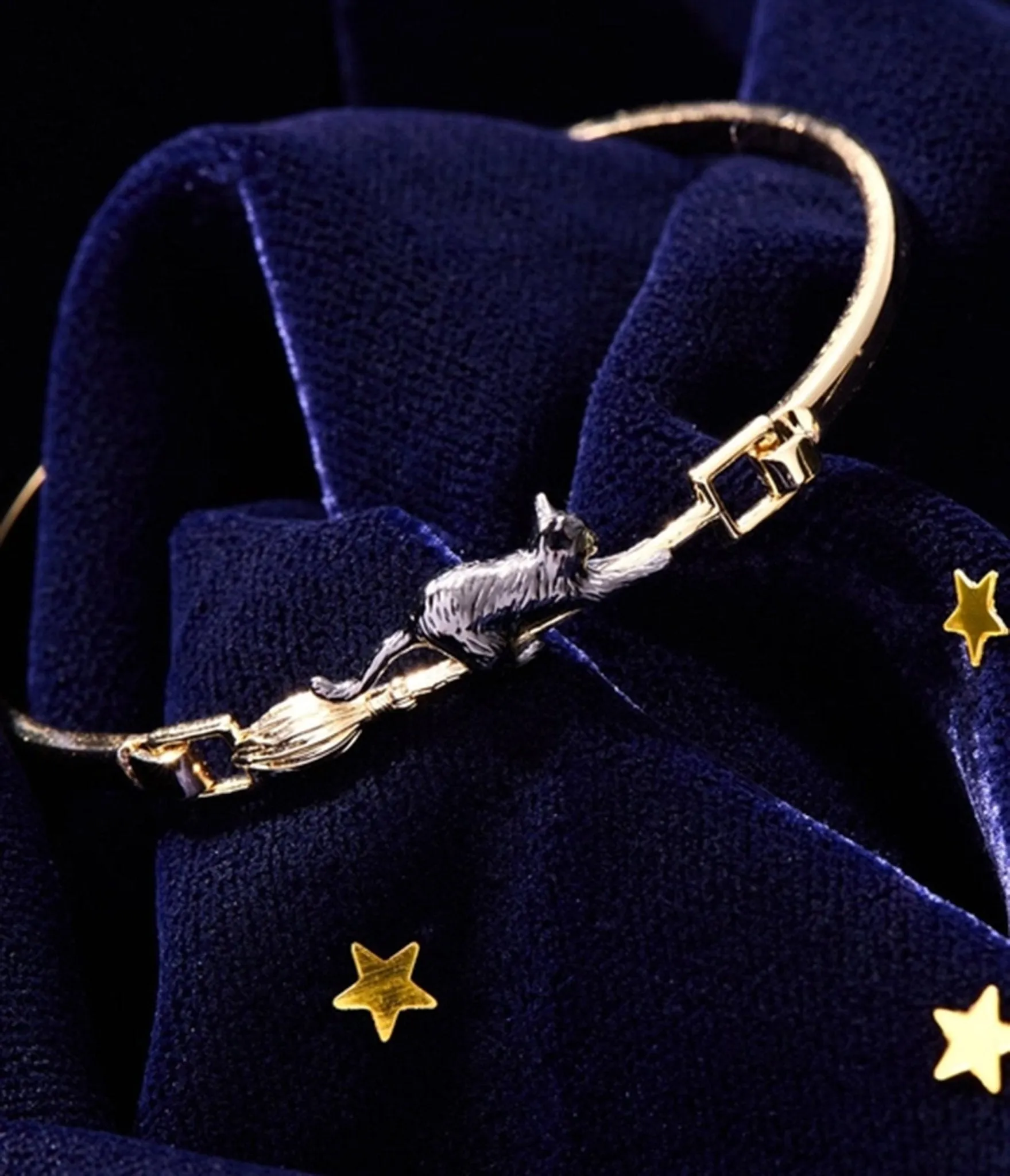 Black Cat & Broom Gold Tone Bangle Bracelet sold by Unique Vintage product image thumbnail 2