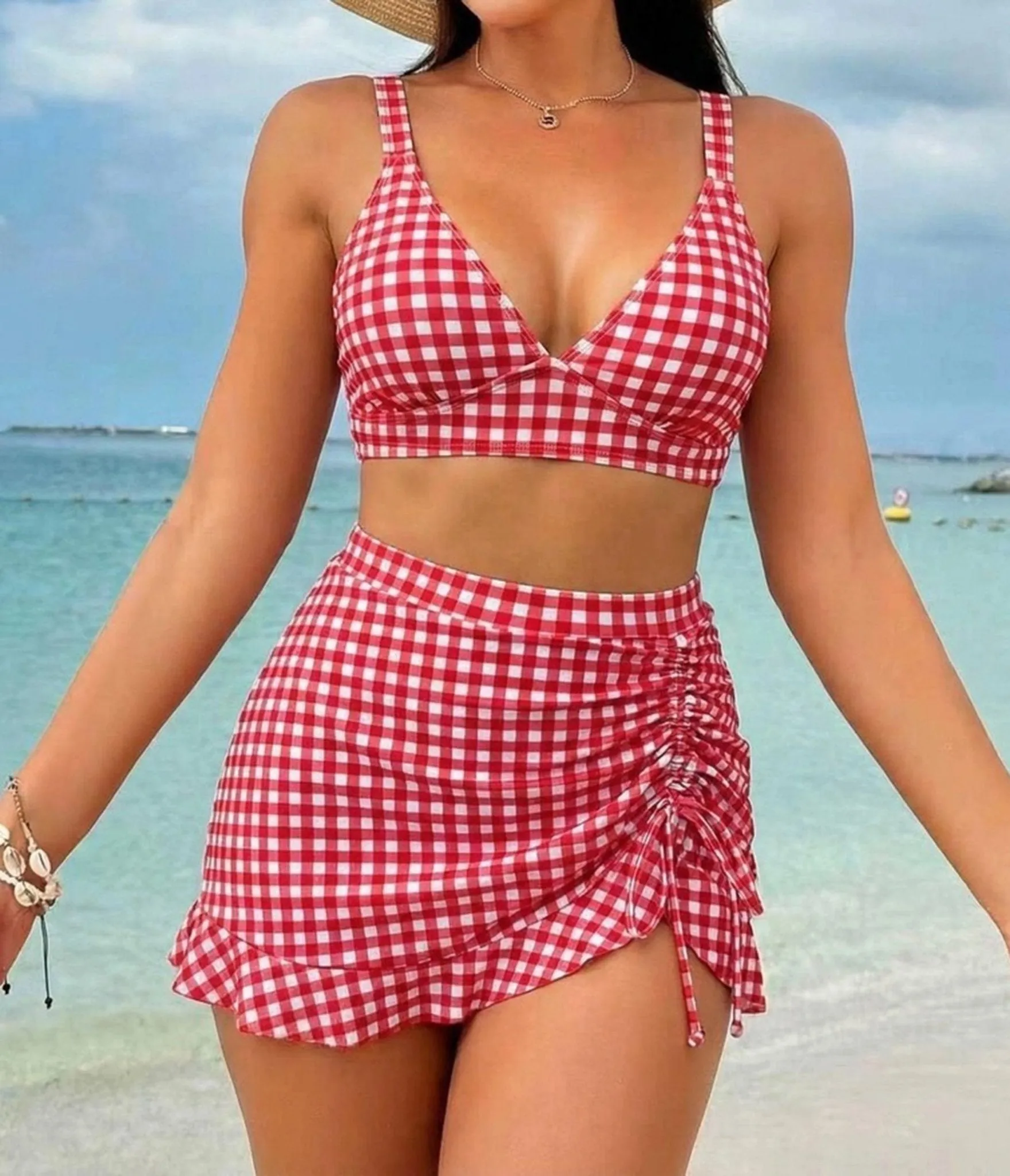 Red & White Gingham Ruched Two-Piece Swim Set sold by Unique Vintage product image thumbnail 5