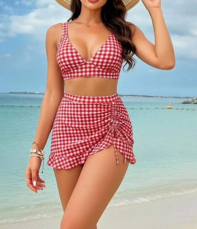 Red & White Gingham Ruched Two-Piece Swim Set made by Unique Vintage