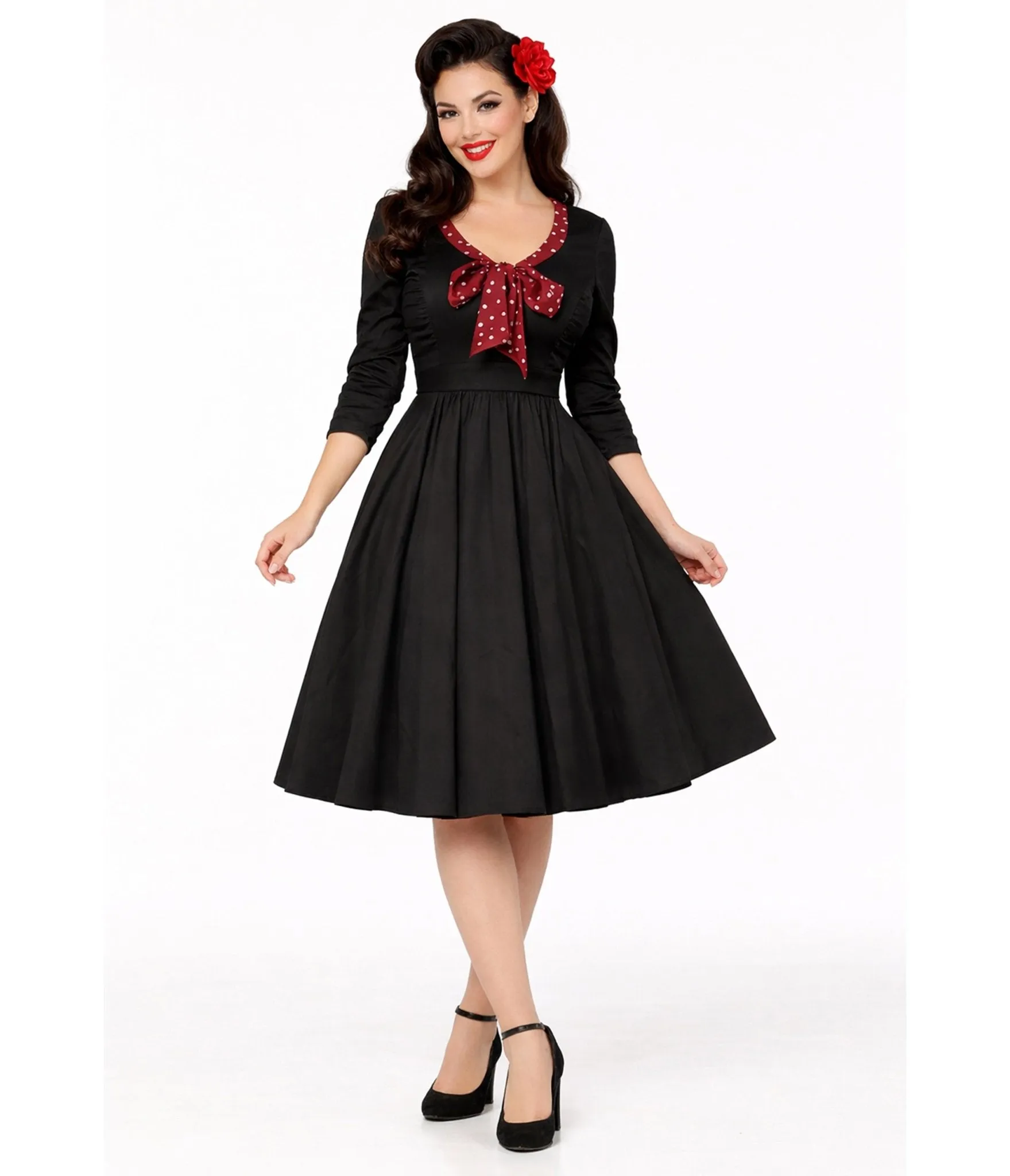 Black & Red Polka Dot Bow Swing Dress sold by Unique Vintage