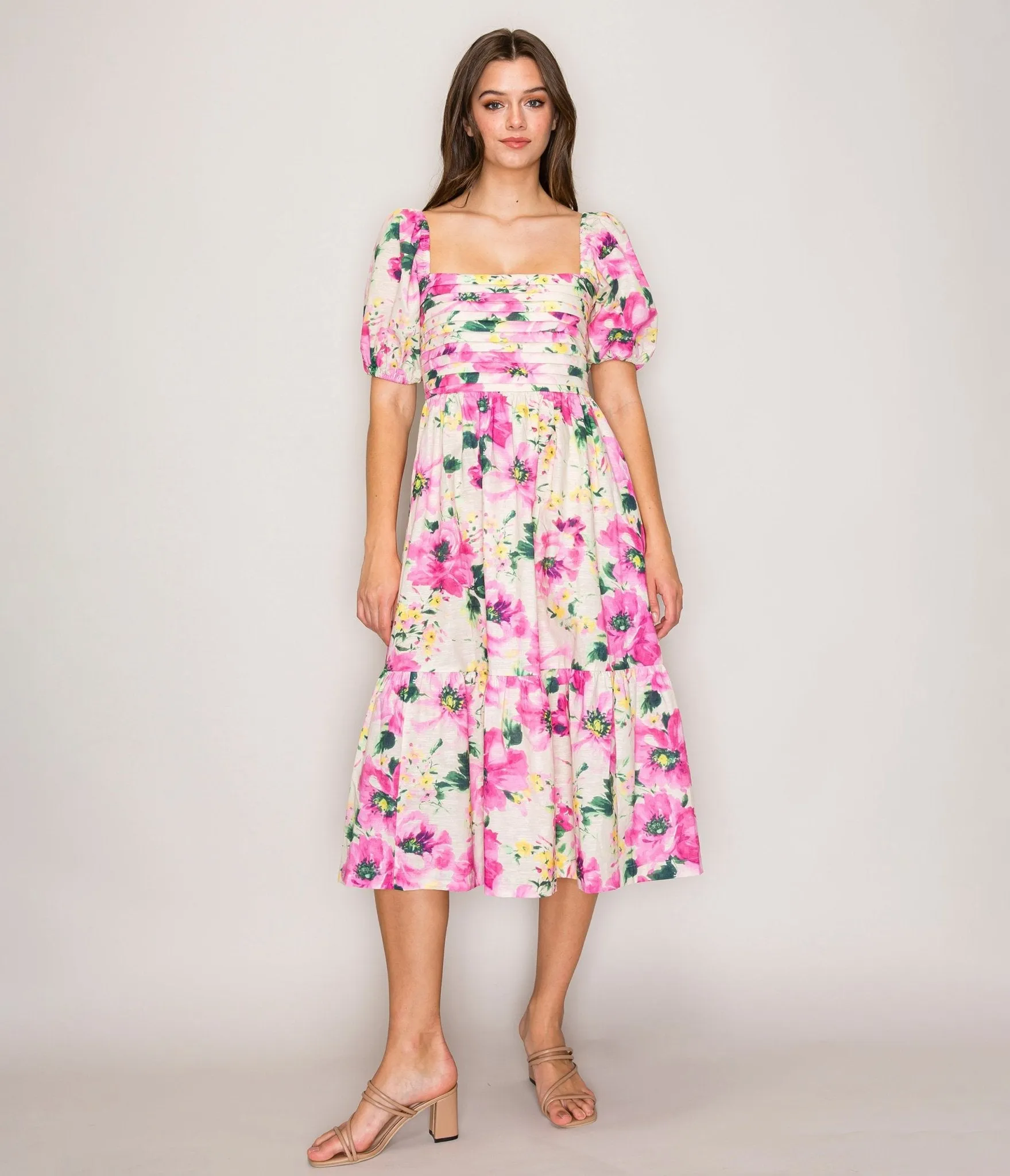 Fuchsia Floral Puff Sleeve Midi Dress sold by Unique Vintage product image thumbnail 3