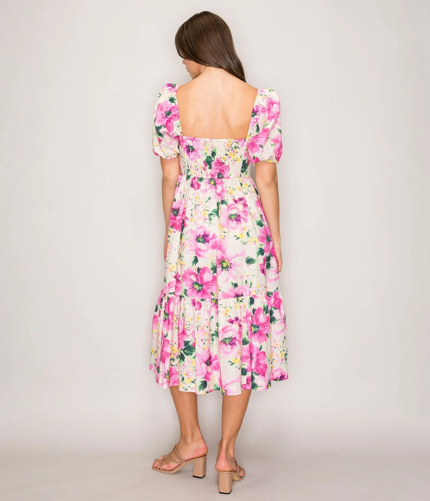 Fuchsia Floral Puff Sleeve Midi Dress sold by Unique Vintage product image thumbnail 2