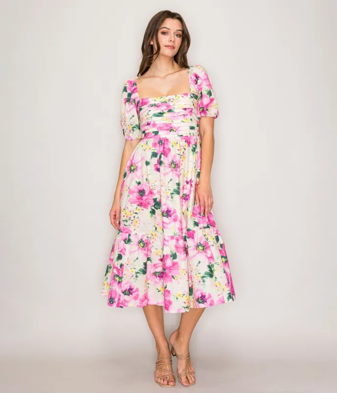 Fuchsia Floral Puff Sleeve Midi Dress made by Unique Vintage