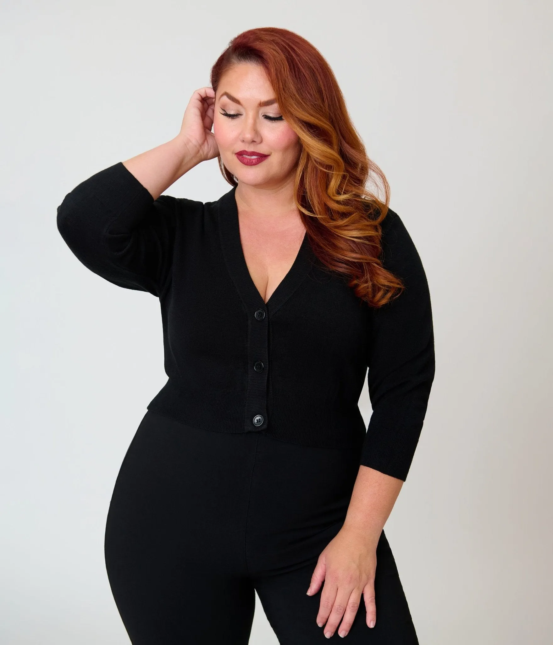 Plus Size Black Three Quarter Sleeve Crop Cardigan sold by Unique Vintage product image thumbnail 3